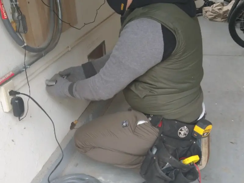 Electrician performing outlet wiring in a North Castle garage